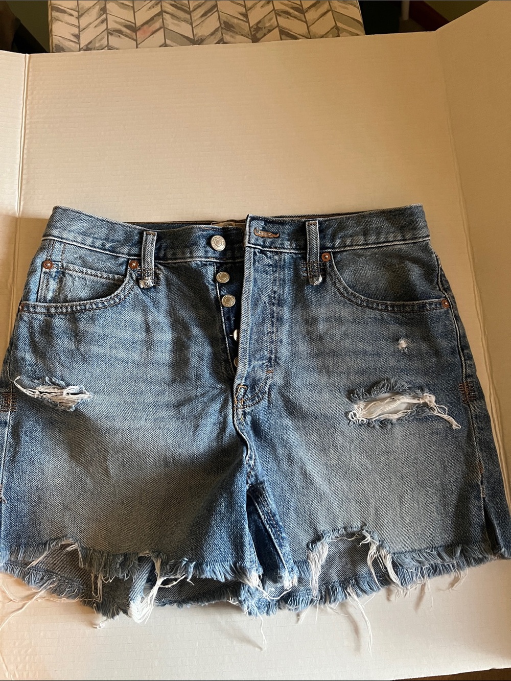 We The Free Distressed High-Rise Denim Shorts – Blue